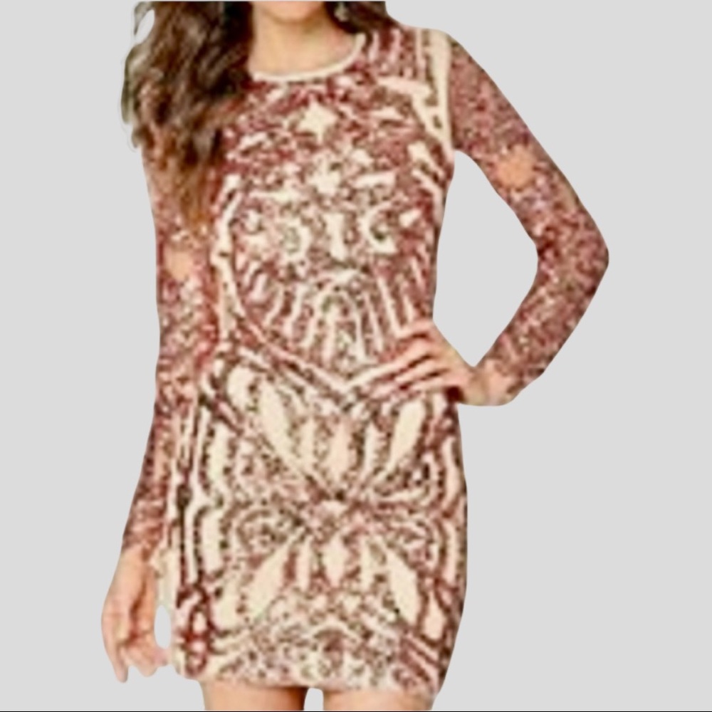 BEBE Sequin Scroll Mesh Rose Gold Bodycon Structured Dress Size M